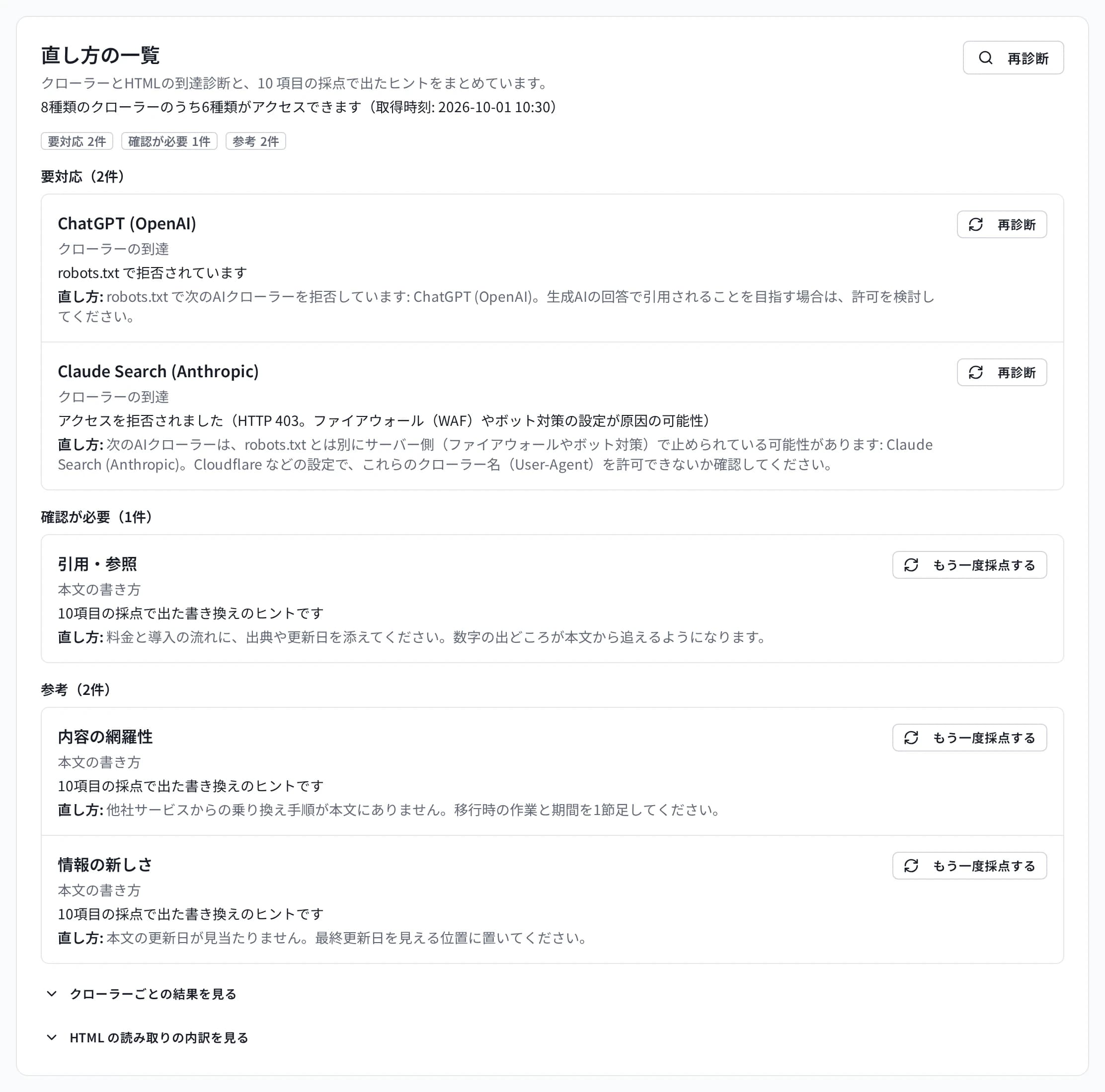 直し方の一覧の画面。8種類のクローラーのうち6種類がアクセスできるという行と、robots.txt で拒否されている ChatGPT (OpenAI)、HTTP 403 で拒否された Claude Search (Anthropic) の直し方、本文の書き方のヒント